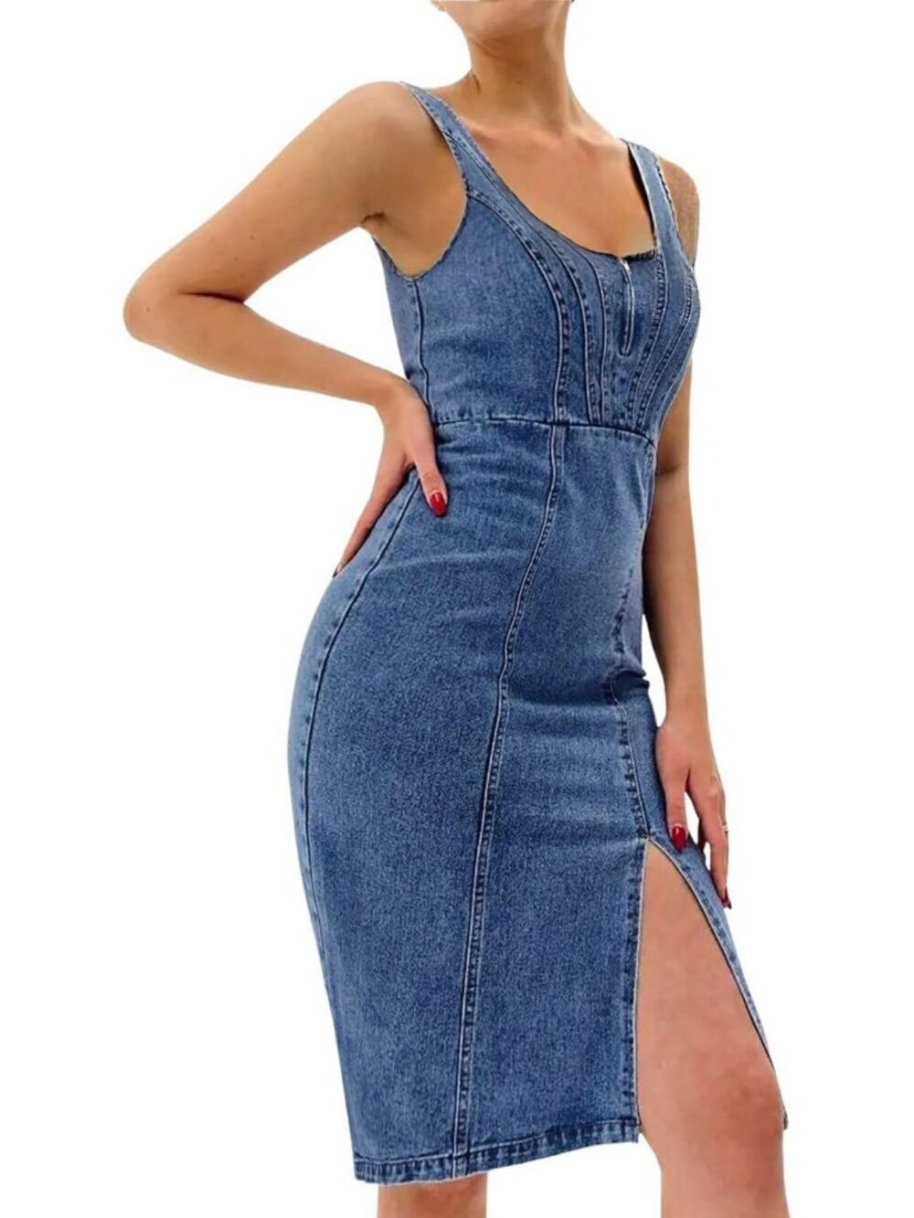 Chic Sleeveless Denim Midi Dress with Side Slit | Bodycon Jean Dress for Women